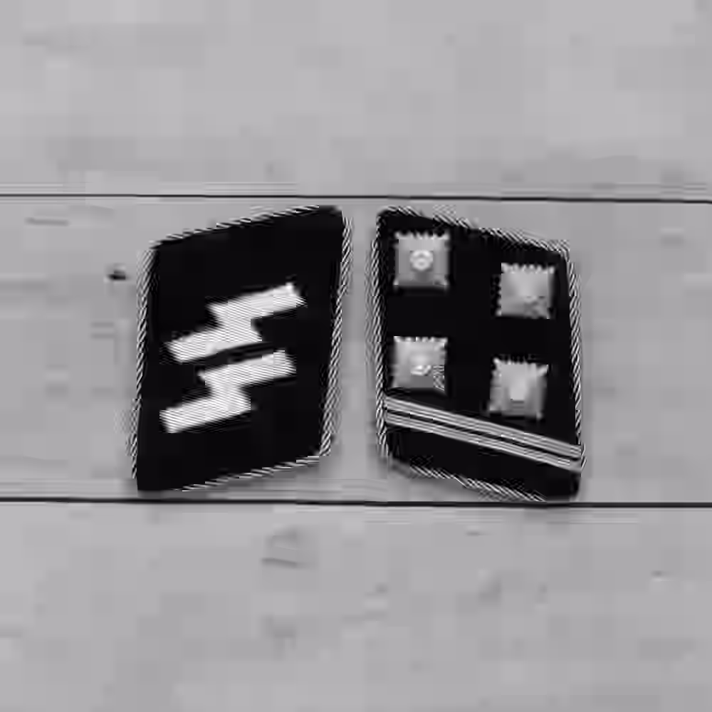 SS Obersturmbannführer Collar Tabs SS Obersturmbannführer Collar Tabs – Premium Replica, made of Four metallic silver stars, one line of aluminum litzen, and silver piping on black wool background